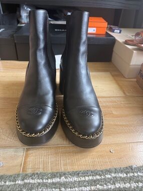 CHANEL Black Leather Chain-Trim Platform Ankle Boots